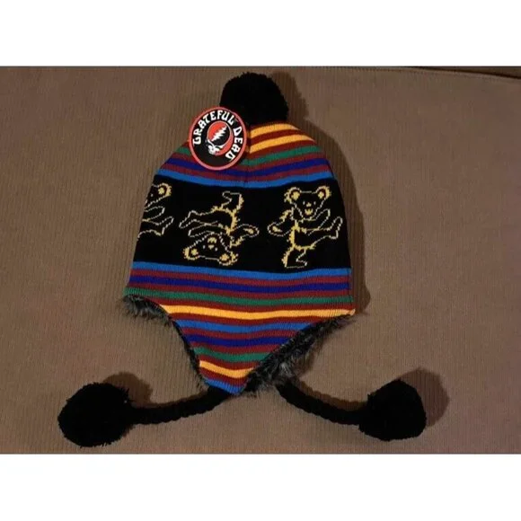New Grateful Dead Knit Multi Color Dancing Bear Adult Laplander Hat Winter Fuzzy - Picture 2 of 2